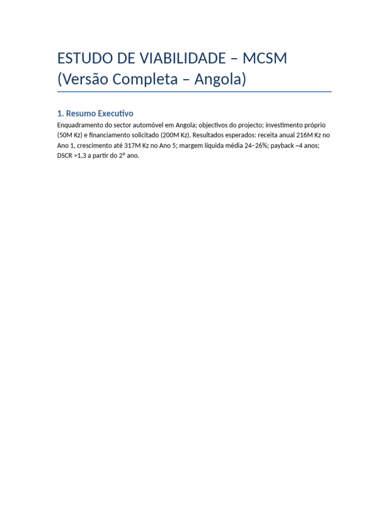 Estudo Viabilidade MCSM Completo | PDF | Angola | Investimentos