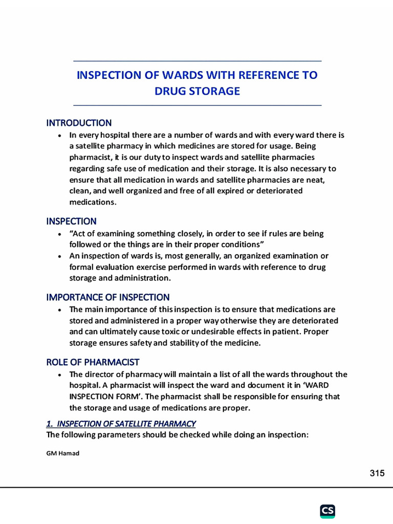 Inspection of Wards With Reference to Drug Storage | PDF