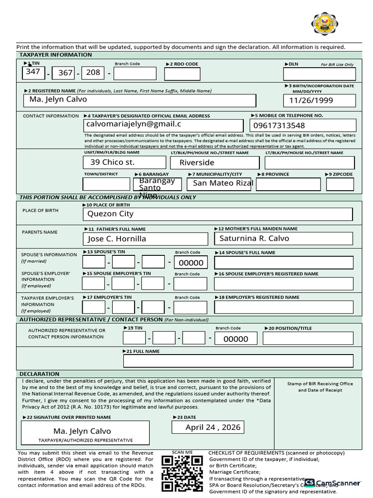 Registration Update Sheet | PDF | Taxes