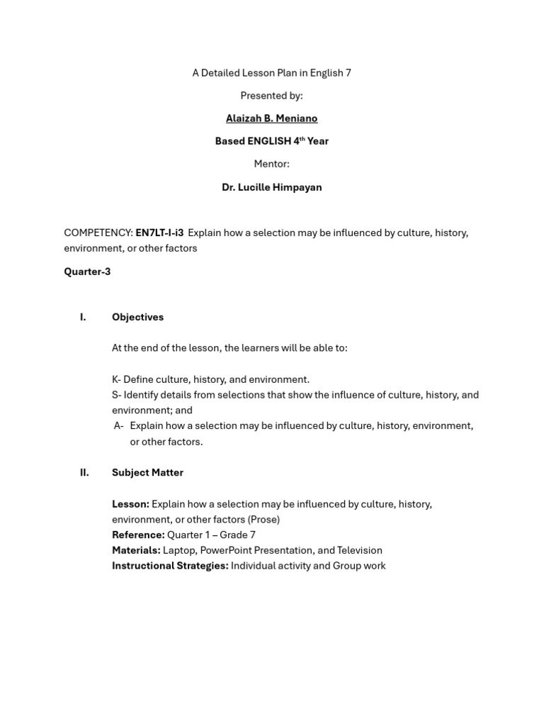 A Detailed Lesson Plan in English 7 PROSE | PDF | Natural Environment ...
