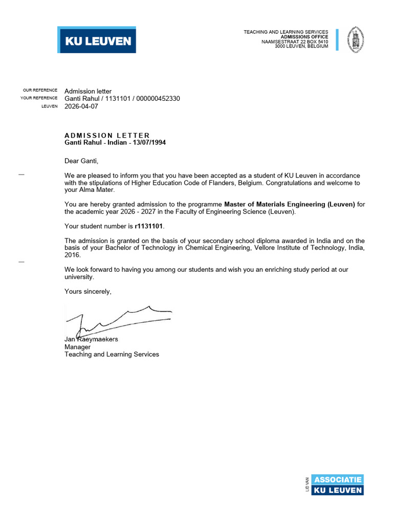 Letter KU Leuven | PDF