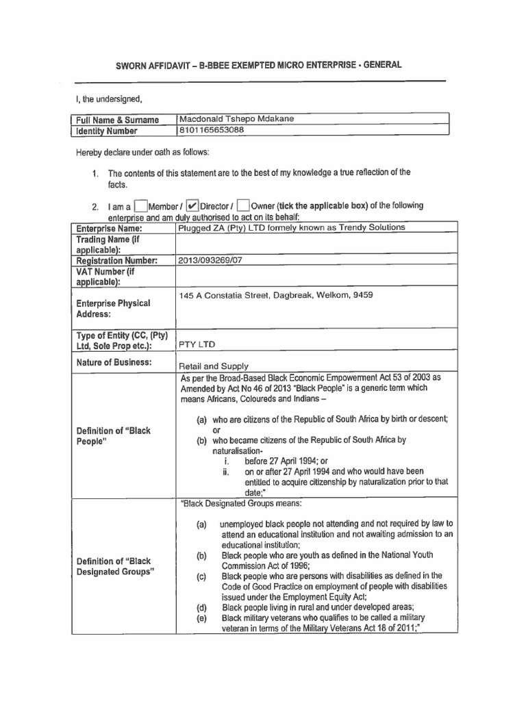 Sworn Affidaivit BEE Certificate | PDF