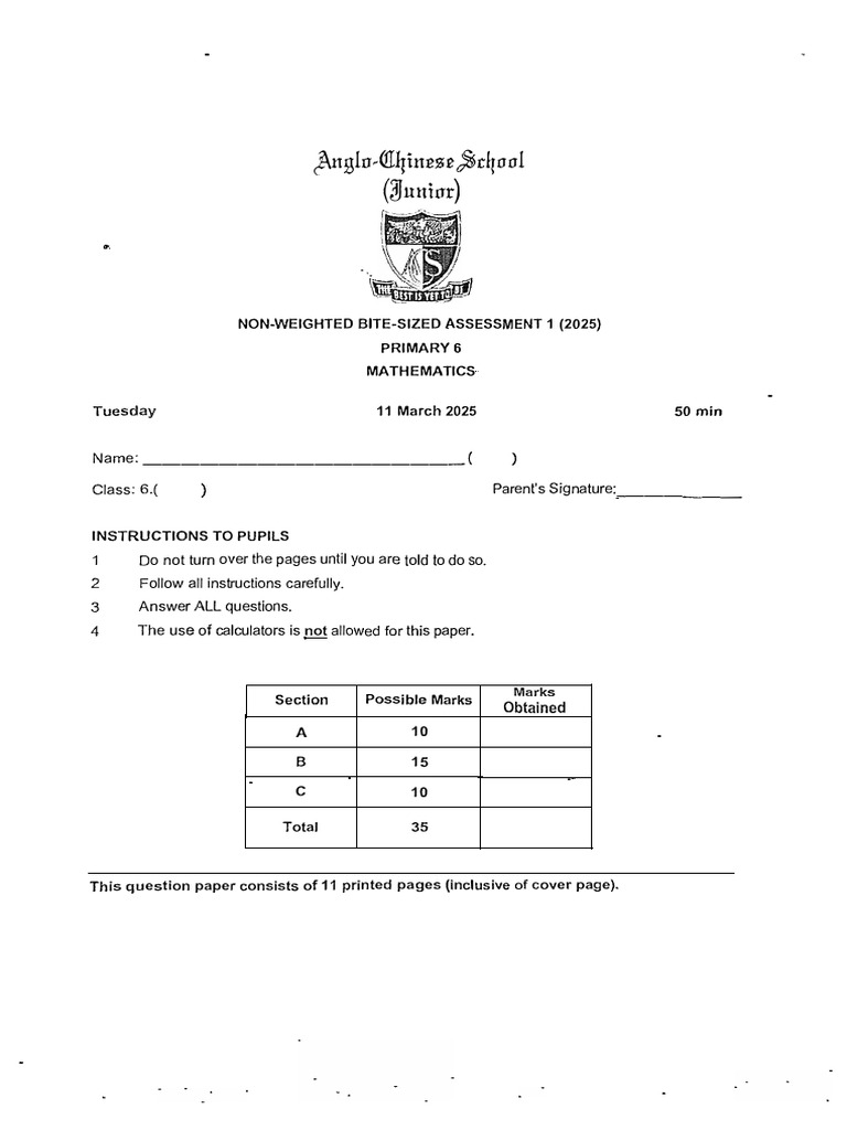 2025 P6 Maths Weighted Assessment 1 ACS Junior | PDF | Mathematics