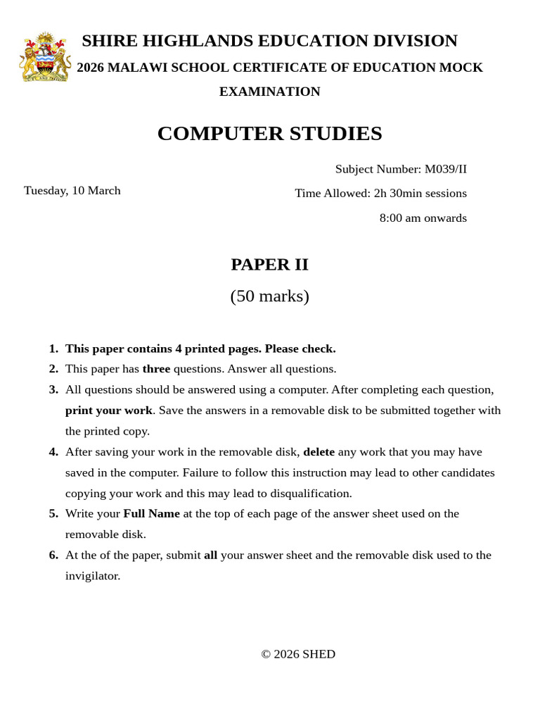 2026 Msce Mock Computer Studies II Shed | PDF | Spreadsheet | Computing