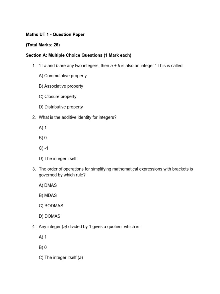 Maths UT 1 - Question Paper | PDF