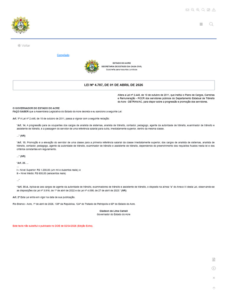 LEI Nº 4.787, DE 01 DE ABRIL DE 2026 | PDF | Governo | Justiça