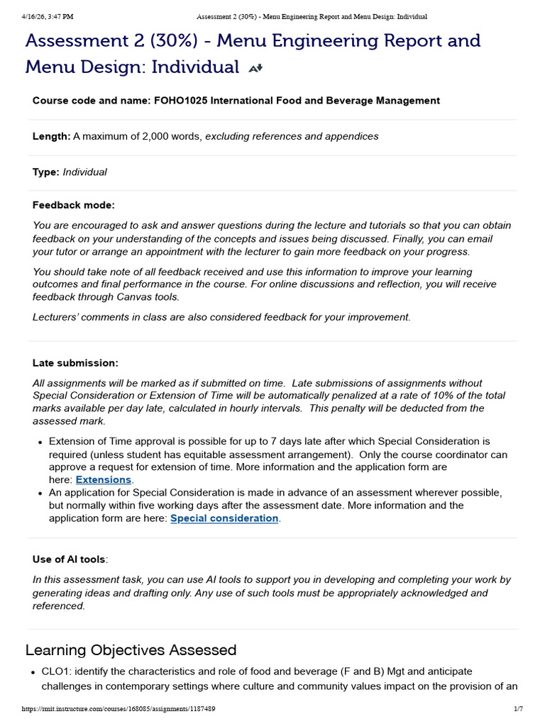 FnB Assessment 2 (30%) - Menu Engineering Report and Menu Design ...
