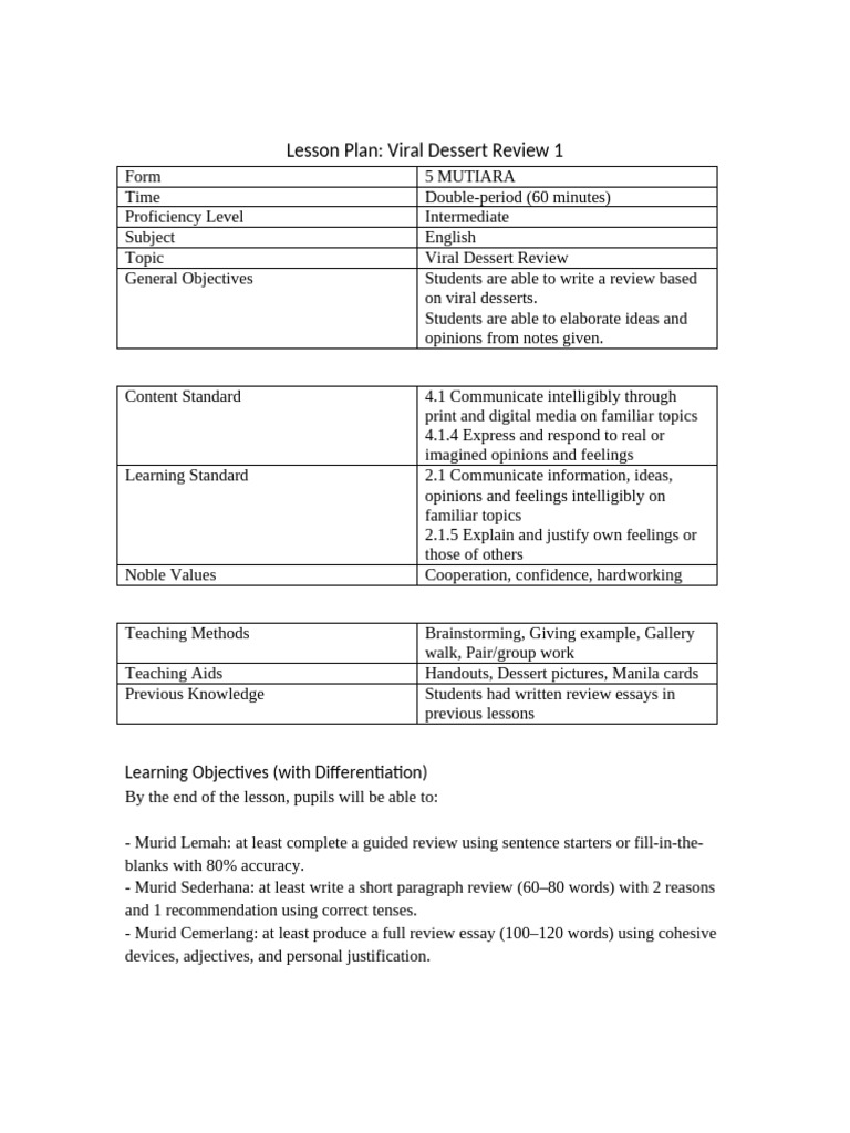Lesson Plans Two Viral Desserts With Differentiation | PDF | Lesson ...
