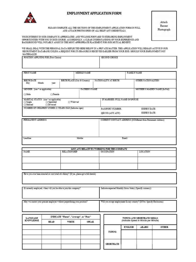 CCC Employment Application Form | PDF | Employment | Employee Benefits