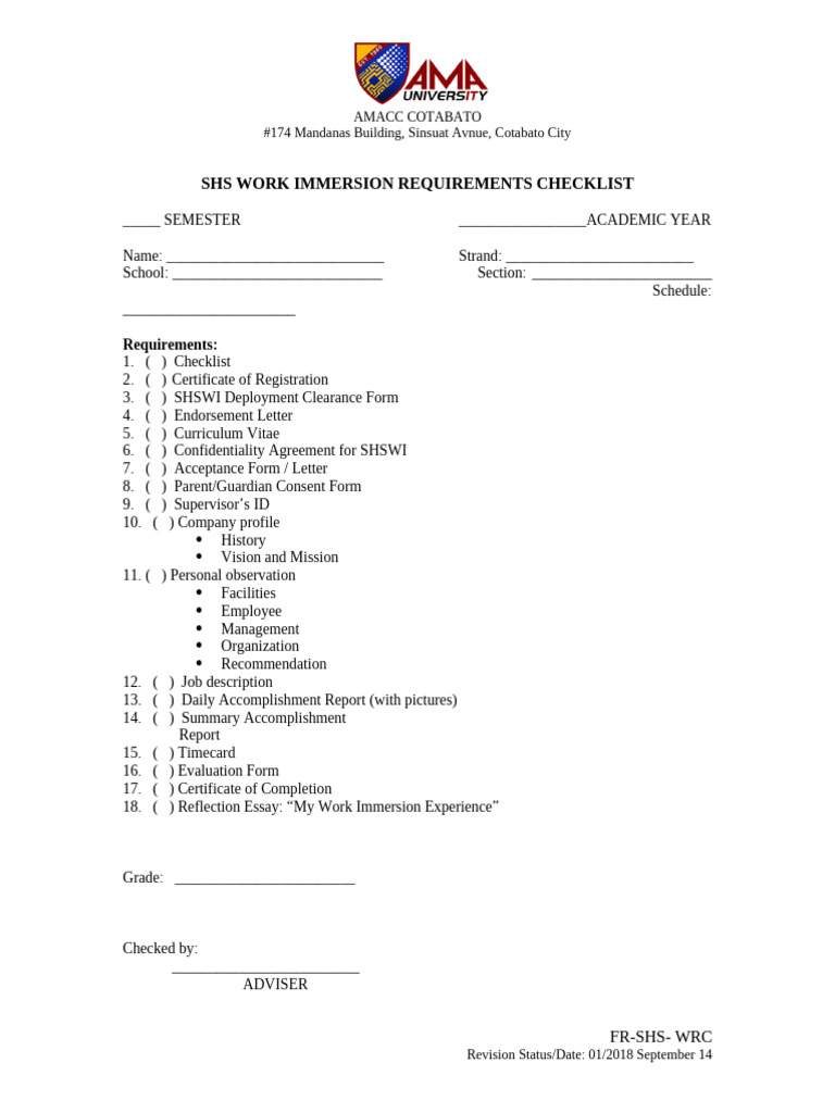SHS Work Immersion Requirement Checklist | PDF