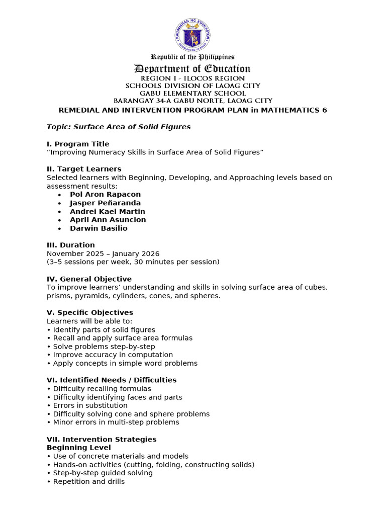 Remedial and Intervention Plan and Report in Math 6 | PDF | Area ...