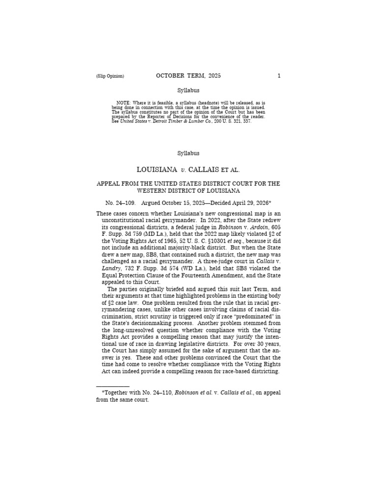 SCOTUS Ruling On LOUISIANA v. CALLAIS | PDF | Voting Rights Act Of 1965 ...