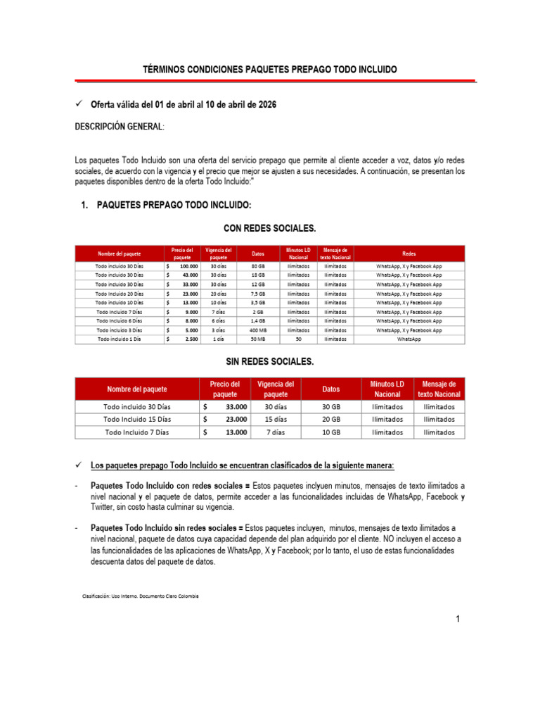 Terminos Condiciones Paquetes Prepago Todo Incluido | PDF | Lte ...
