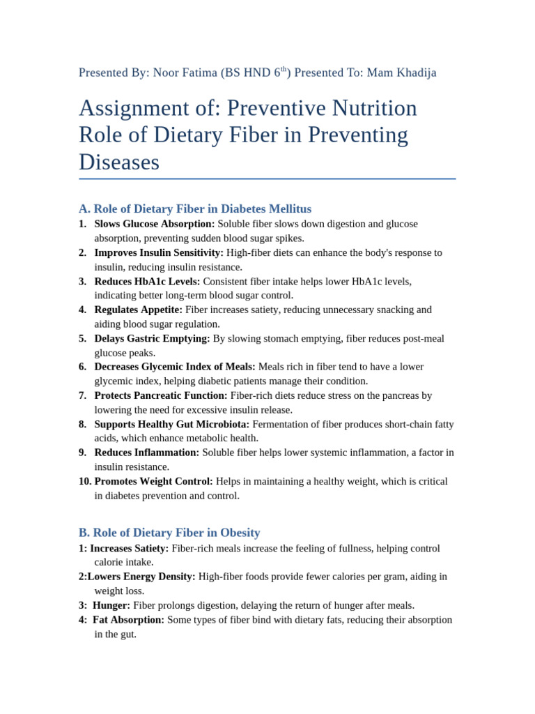 Preventive Nutrition Dietary Fiber Assignment | PDF | Diet & Nutrition ...