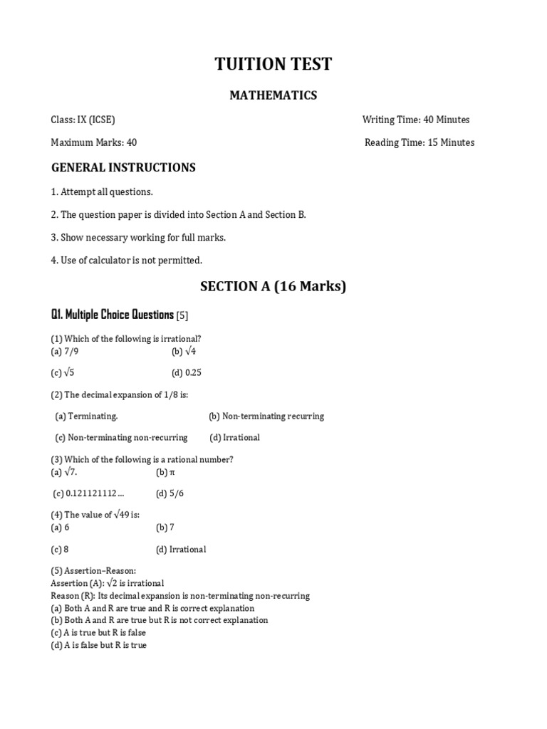 Tuition Test Maths | PDF | Numbers | Number Theory