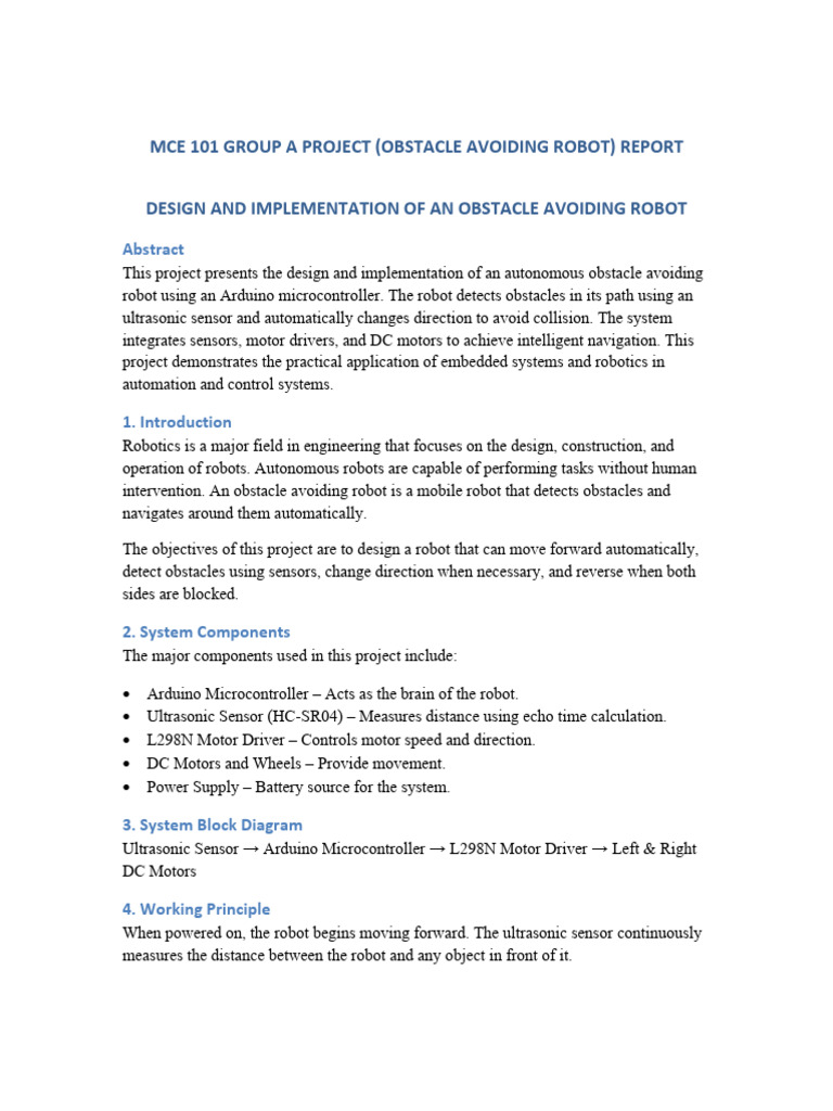 Obstacle Avoiding Robot Report | PDF | Robot | Robotics