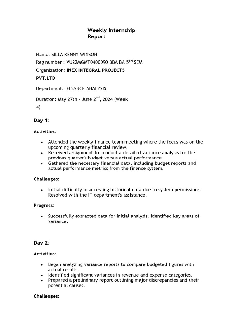 4th Weekly Internship Report | PDF | Capital Budgeting | Performance ...