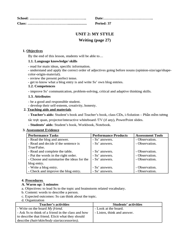 Unit2 SB Writing p.27 | PDF | Adjective | Linguistics
