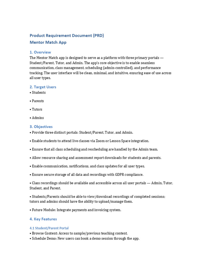 Mentor Match App PRD Final Version | PDF | Mobile App | Computing