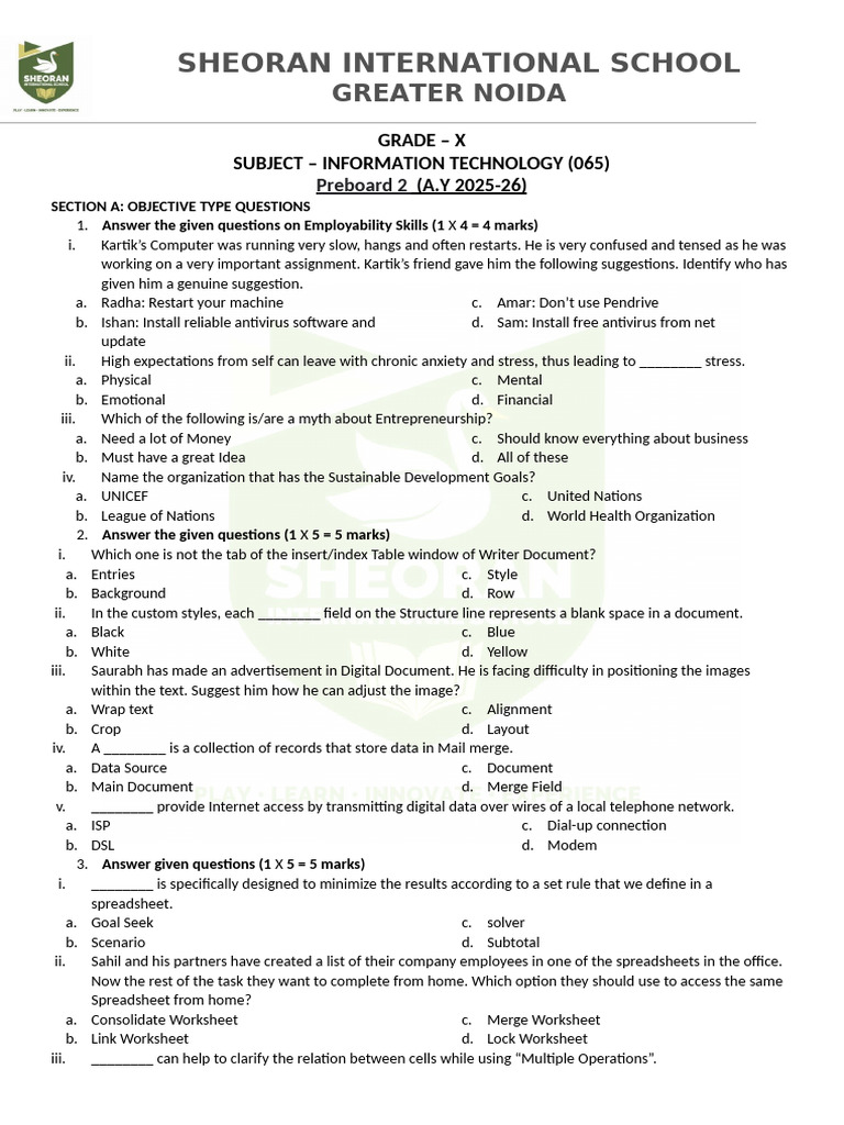Class 10th Preboard 2 | PDF | Databases | Spreadsheet