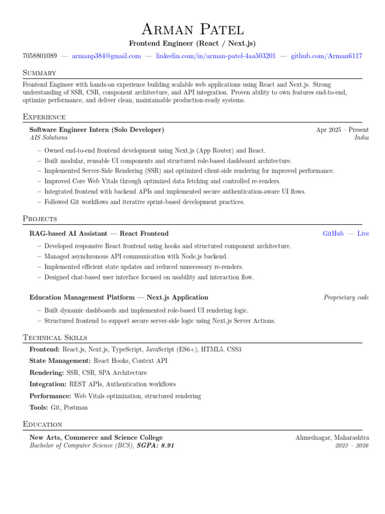 Arman s Frontend Resume | PDF | Computer Programming | Systems Engineering