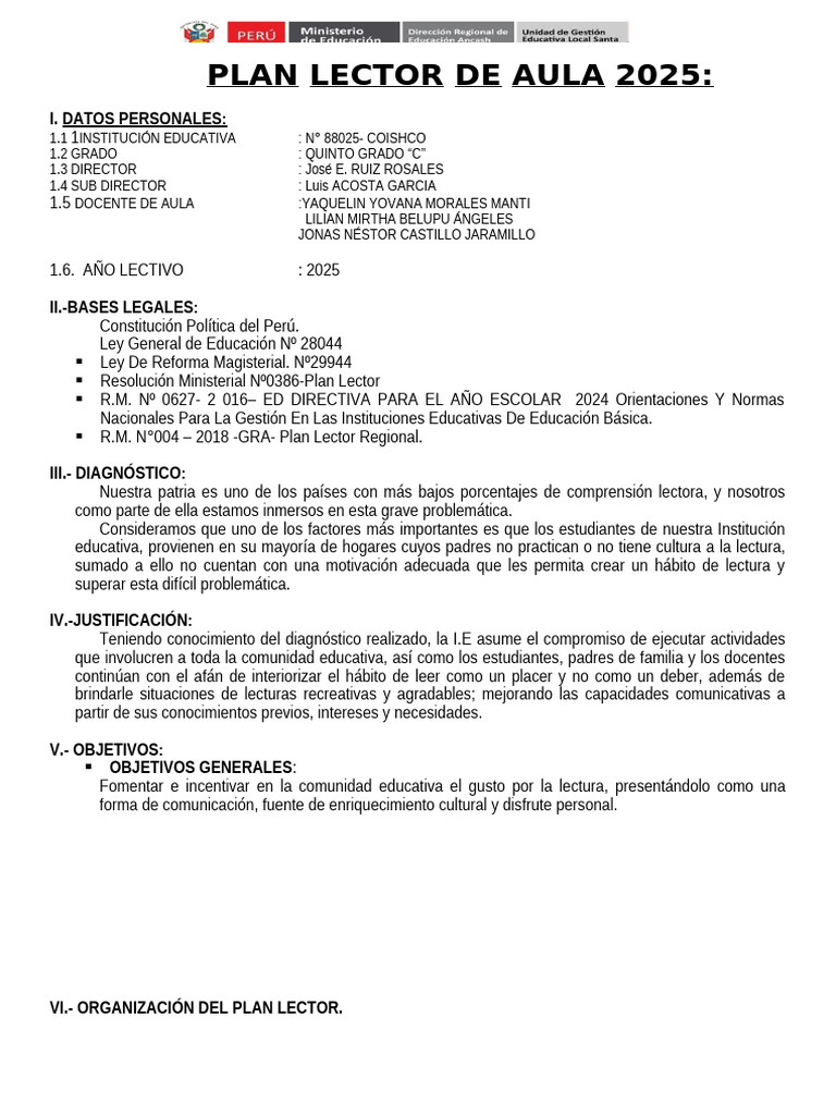 Plan Lector de Aula.-5to- a , b , c | PDF