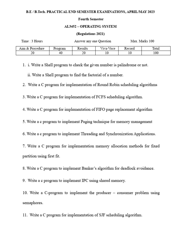 Operating System Pratical Exam Question Paper | PDF