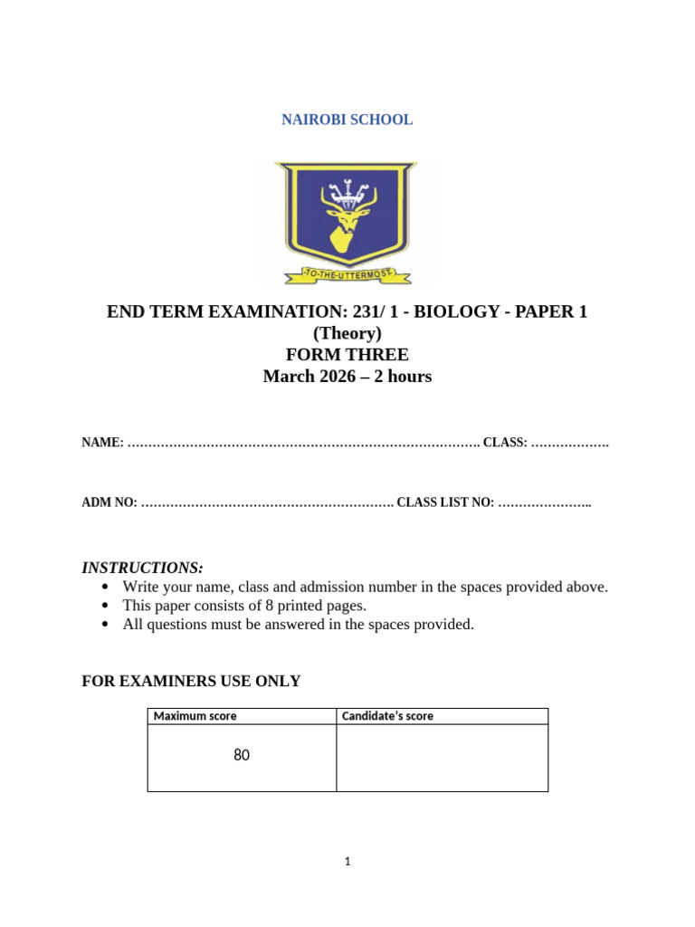 Form Three Bio Paper 1 End Term 1 2026(2) | PDF | Biology