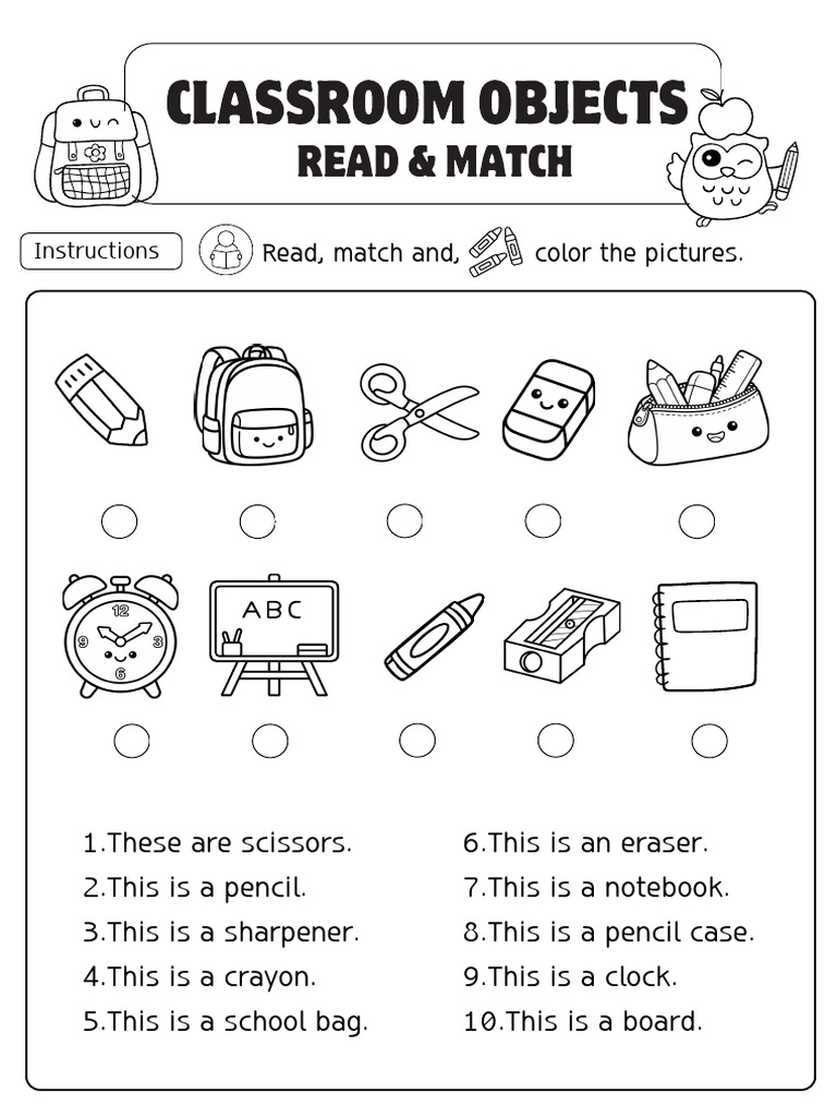 Classroom Objects Matching and Coloring Worksheet in Black and White ...