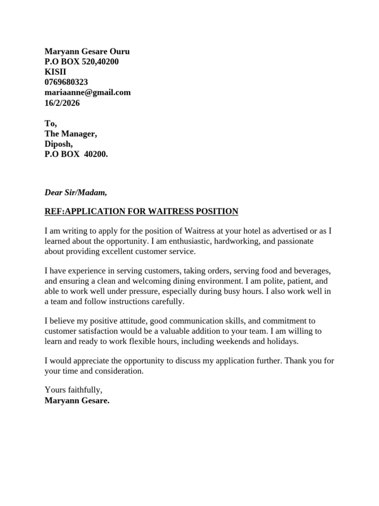 Application Letter for Waitress Position | PDF
