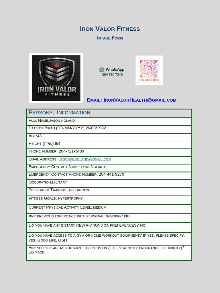 Iron Valor Intake Form | PDF