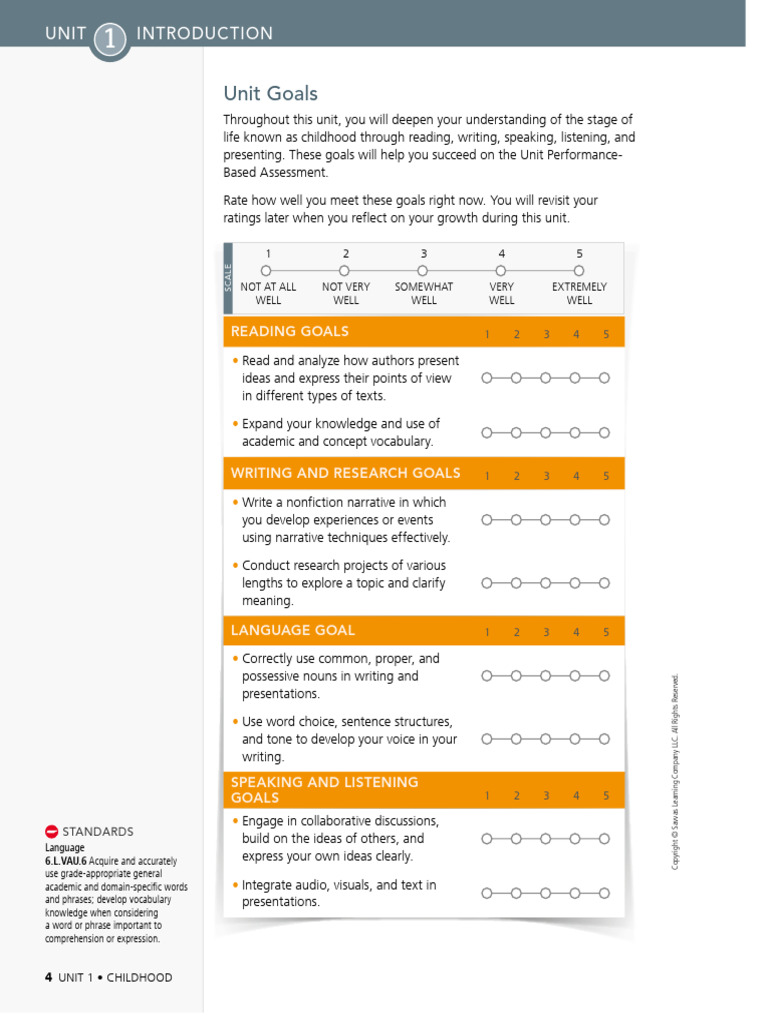 Unit Goals_ Unit 1 (1) | PDF | Vocabulary | Reading Comprehension