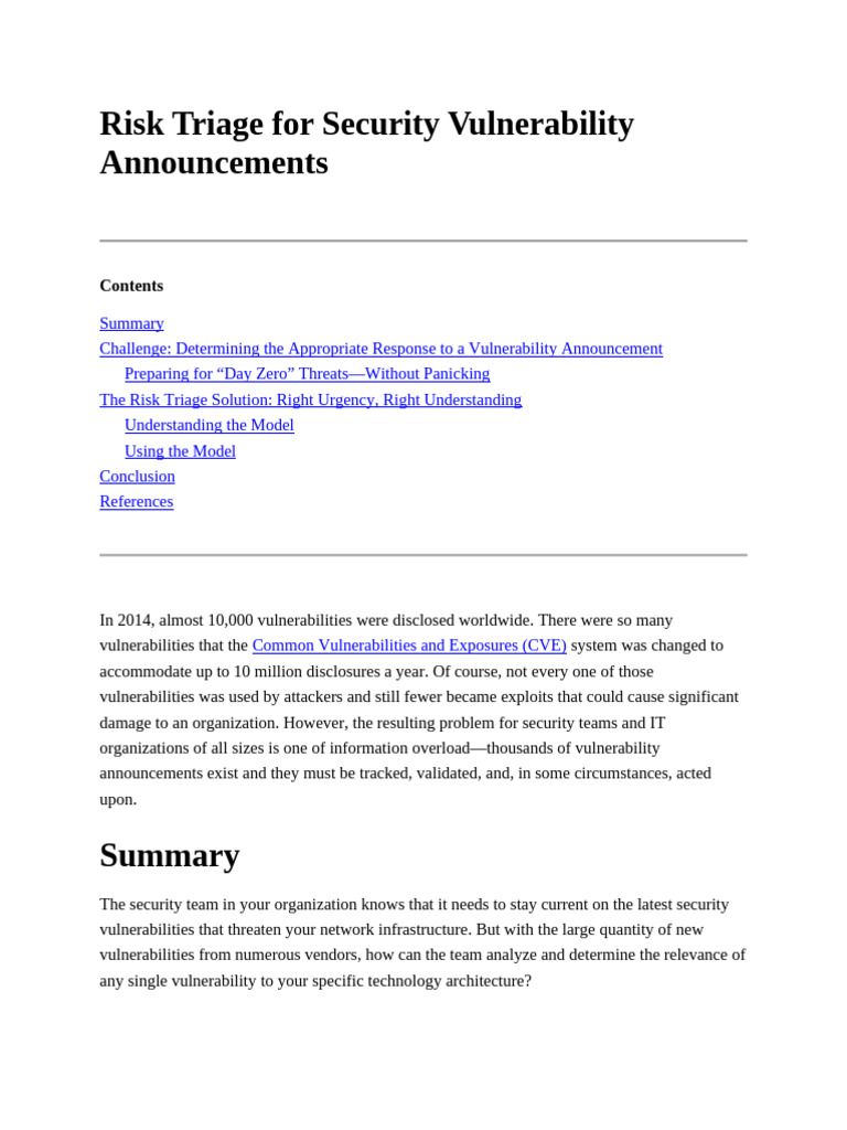 Risk Triage for Security Vulnerability Announcements | PDF | Computer ...