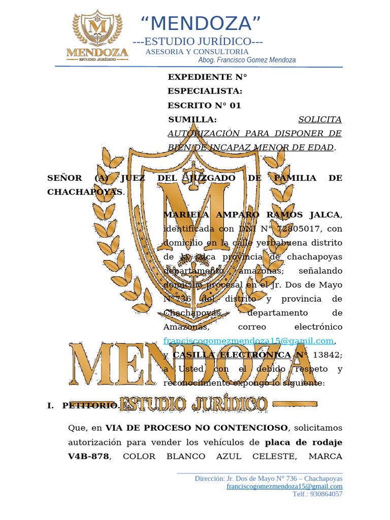 Solicita Autorización Para Disponer de Bien de Incapaz Menor de Edad. 1 ...