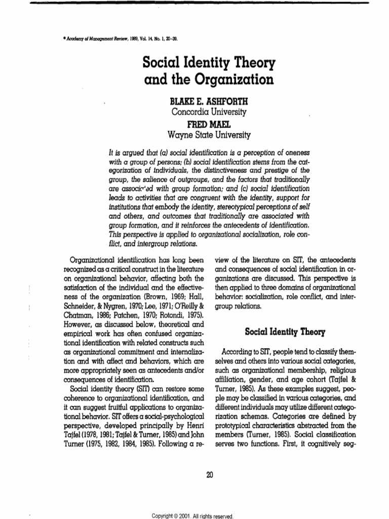 Ashforth Ma El 1989 a Mr | PDF | Identity (Social Science) | Socialization