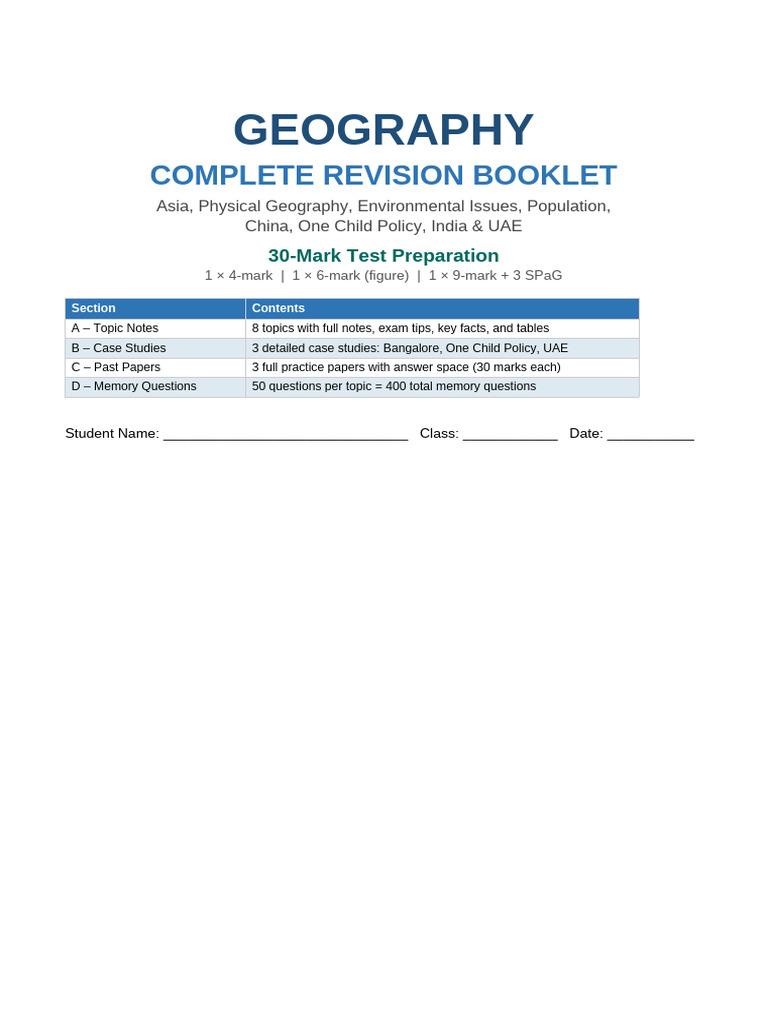 Geography Revision Booklet | PDF | Asia | China