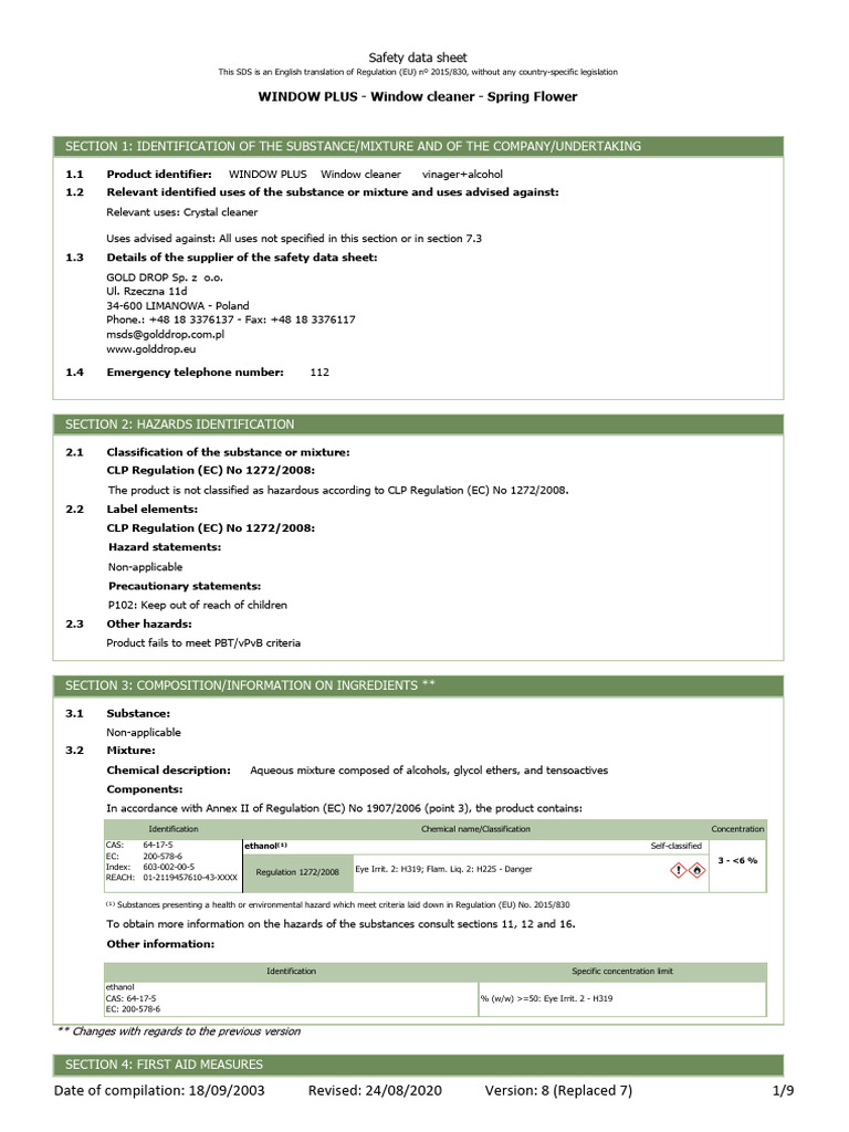 WINDOW PLUS - Window Cleaner - Spring Flower - MSDS | PDF | Dangerous ...