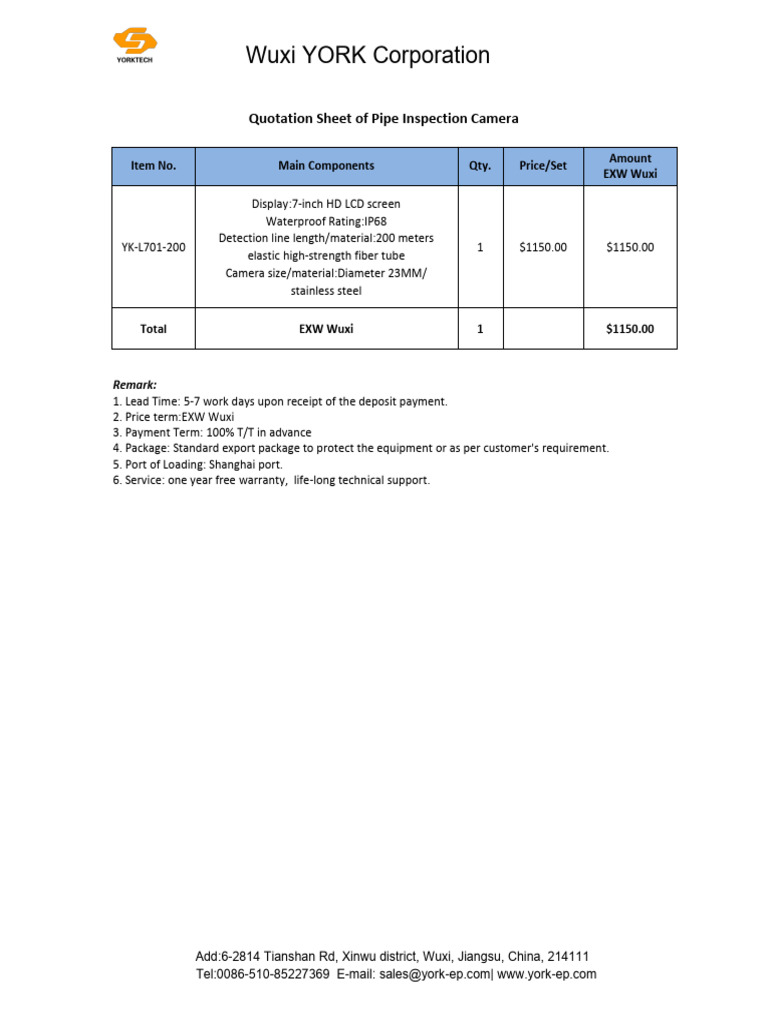 200M YORK Quotation Sheet of Pipe Inspection Camera YORK | PDF | Pipe ...