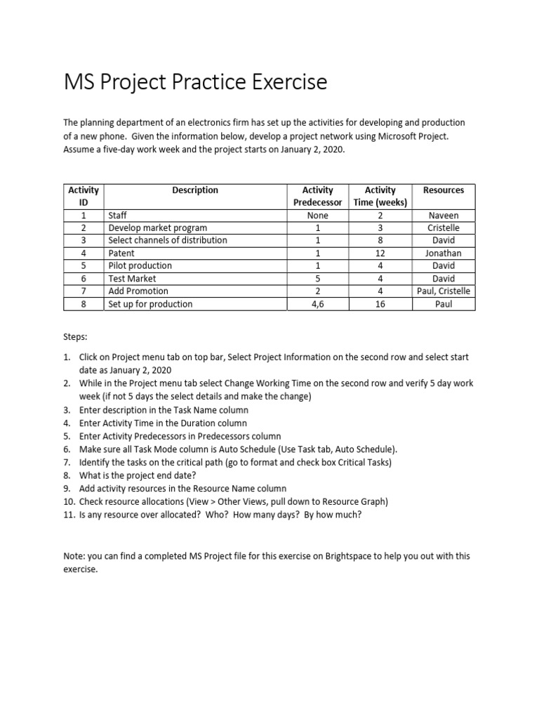 MS Project Practice Exercise | PDF