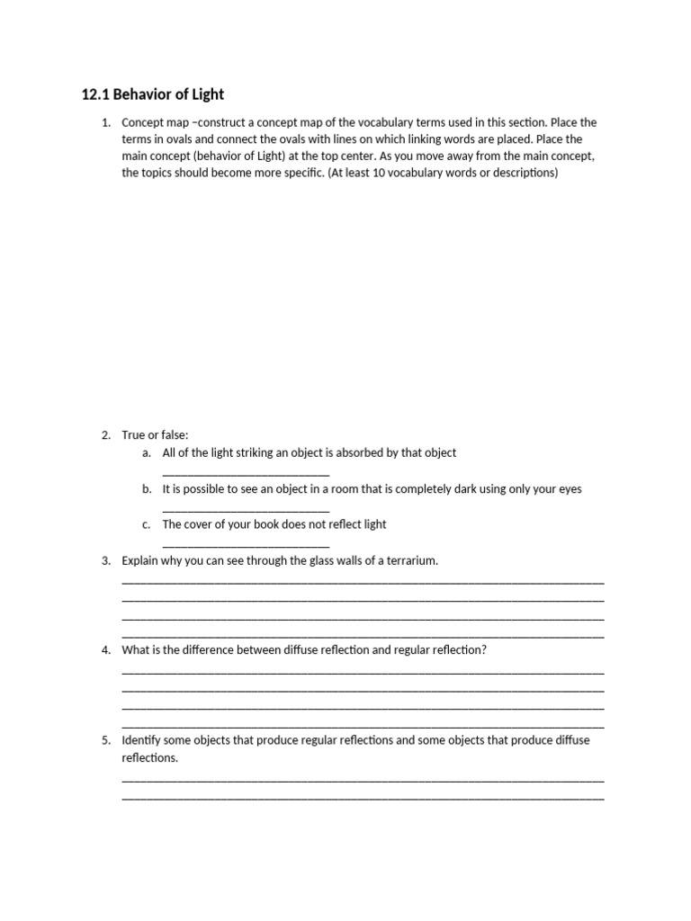 worksheet 12.1 & 12.4 | PDF | Reflection (Physics) | Light