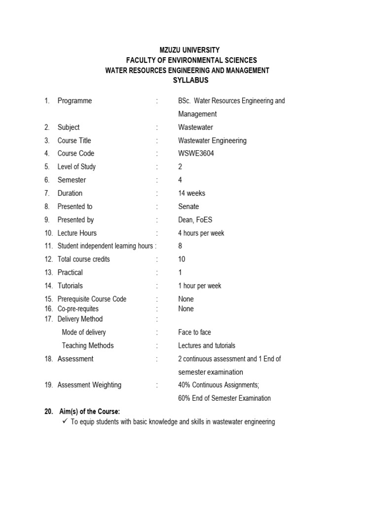 Wastewater Engineering Course Outline | PDF | Sewage Treatment ...