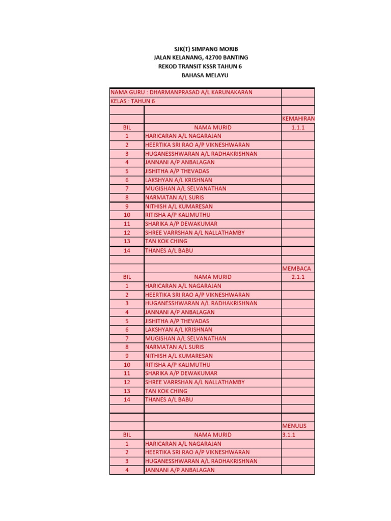 Rekod Transit Tahun 6 | PDF
