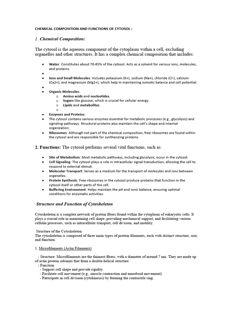Chemical Composition and Functions of Cytosol | PDF