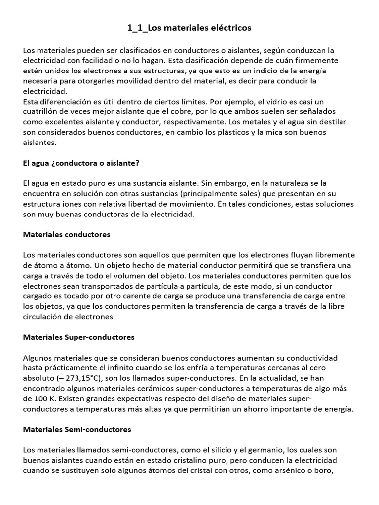 1_1_Los materiales conductores y materiales aislantes | PDF | Conductor ...
