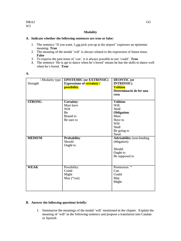 W03 Modality Worksheet | PDF | Modal Logic | Linguistics