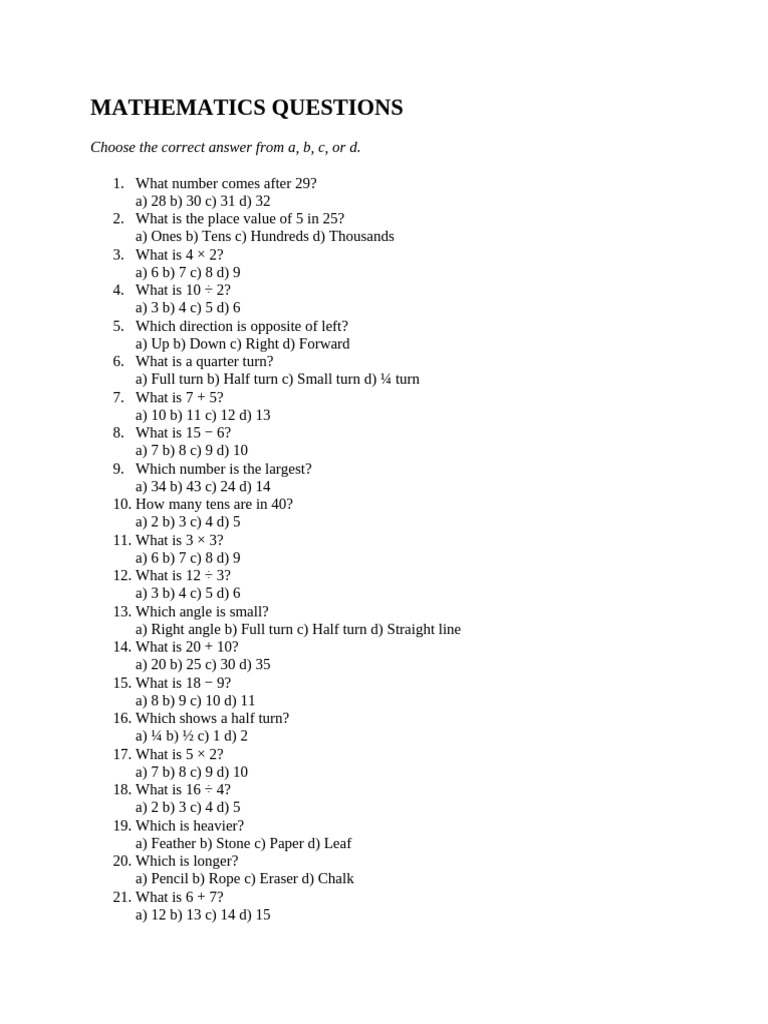 Mathematics Questions for Grade 2 | PDF