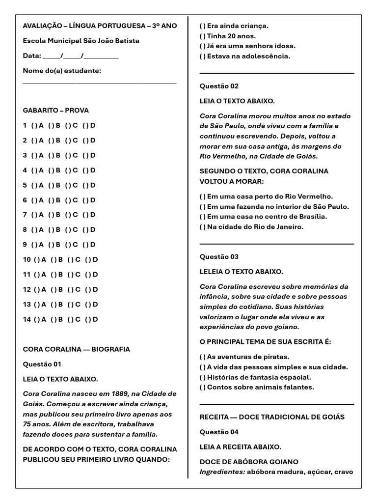3° A AVALIAÇÃO DE LÍNGUA PORTUGUESA 4° BIMESTRE PROF MIRELLE | PDF