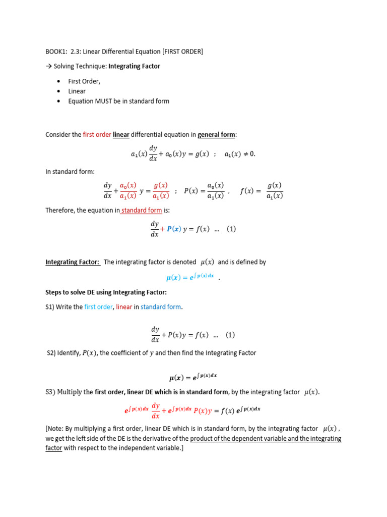 Chapter 2.3___First Order Linear de - Integrating Factor | PDF ...