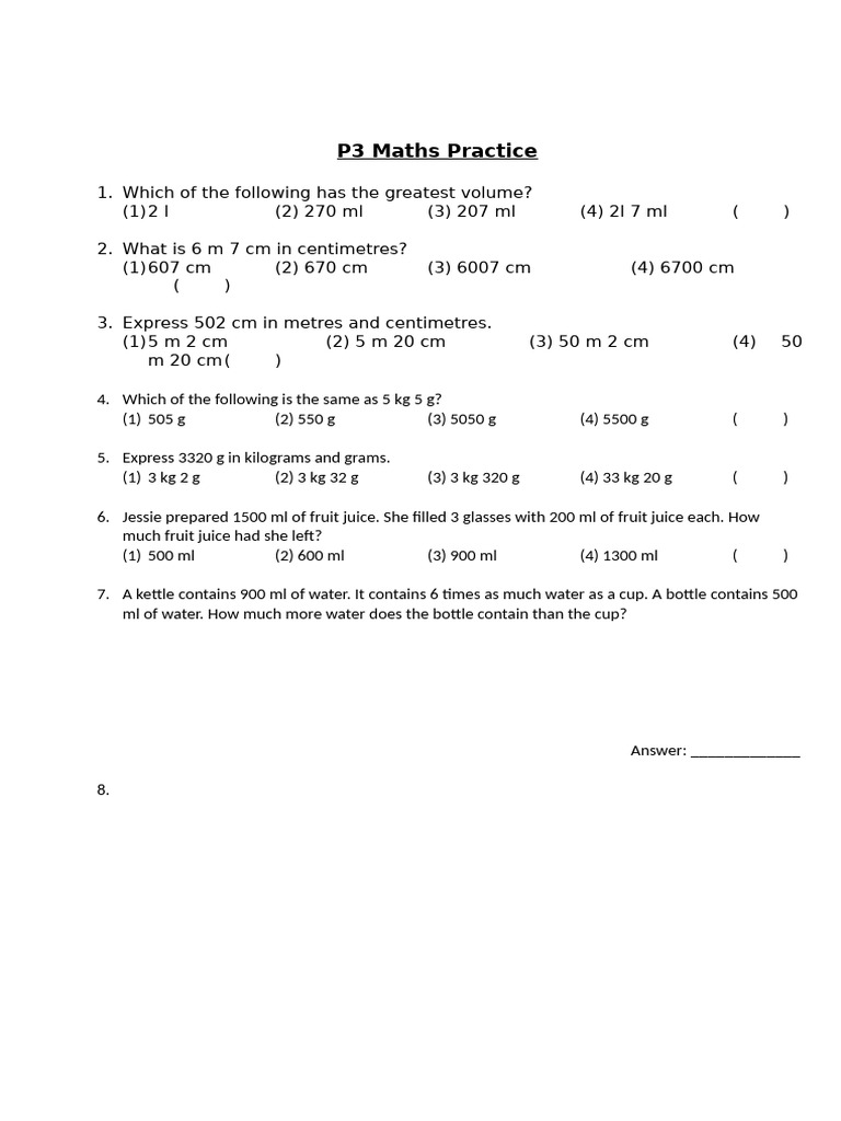 P3 Maths Practice | PDF