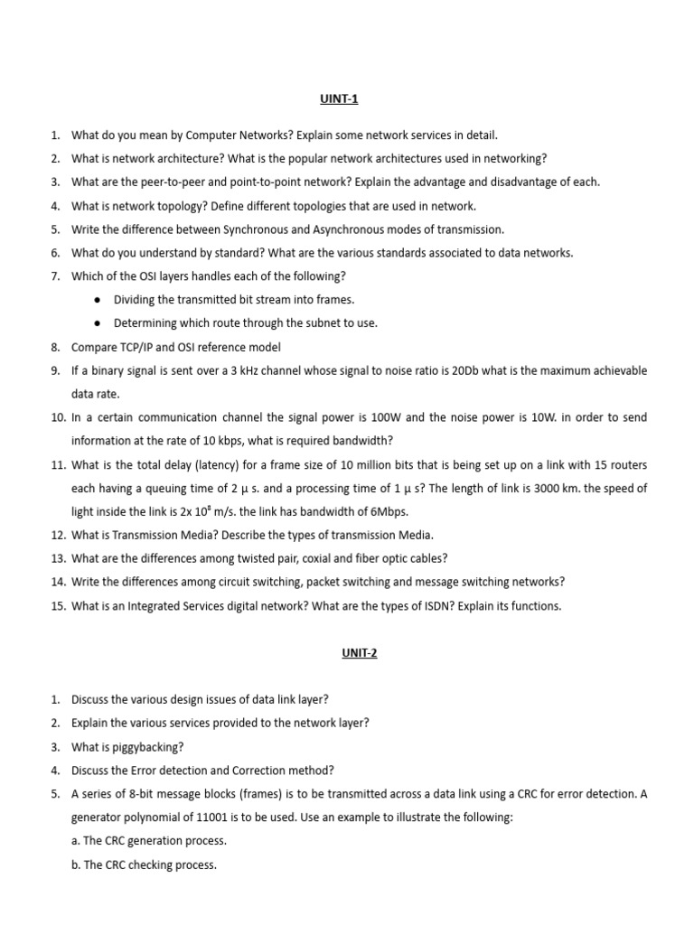 Unitwise Important Questions | PDF | Computer Network | Network Topology